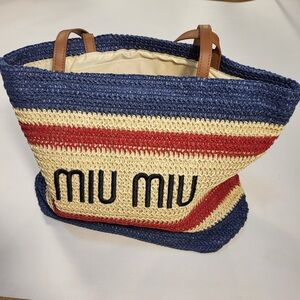 Miu Miu Navy, Cream & Red Woven Straw Tote Satchel
